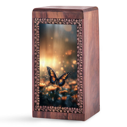 Butterfly On Flower - Beautiful Sunset Wooden Urns For Human Ashes