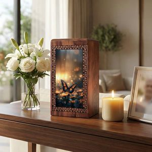 Butterfly On Flower - Beautiful Sunset Wooden Urns For Human Ashes