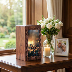 Butterfly On Flower - Beautiful Sunset Wooden Urns For Human Ashes