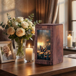 Butterfly On Flower - Beautiful Sunset Wooden Urns For Human Ashes