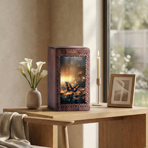 Butterfly On Flower - Beautiful Sunset Wooden Urns For Human Ashes