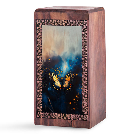 Yellow Butterfly Memorial Wooden Urn - Wooden Burial Urns For Funeral