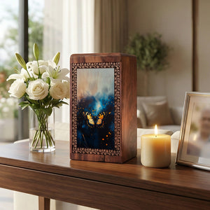 Yellow Butterfly Memorial Wooden Urn - Wooden Burial Urns For Funeral