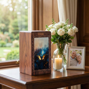 Yellow Butterfly Memorial Wooden Urn - Wooden Burial Urns For Funeral