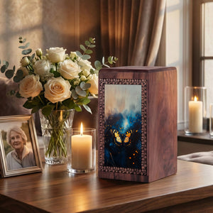 Yellow Butterfly Memorial Wooden Urn - Wooden Burial Urns For Funeral