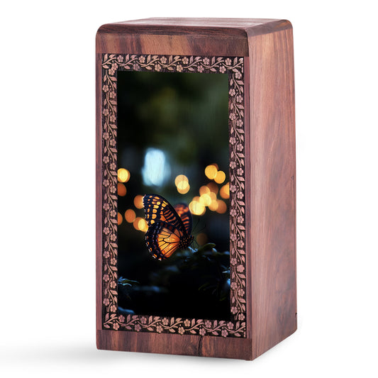 Orange Butterfly Memorial Urns For Ashes - Wooden Box Urns For Human Ashes