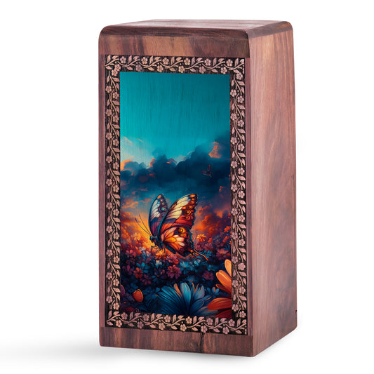 Monarch Butterfly Themed Cremation Urn - Wooden Urn For Adult Men & Women