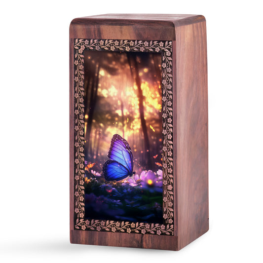 Purple Butterfly Memorial Urn For Ashes - Wooden Cremation Urn For Funeral