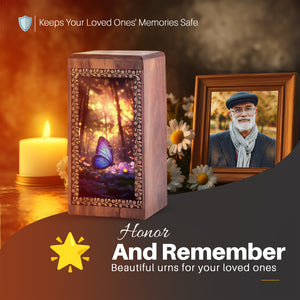 Purple Butterfly Memorial Urn For Ashes - Wooden Cremation Urn For Funeral