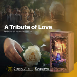 Purple Butterfly Memorial Urn For Ashes - Wooden Cremation Urn For Funeral