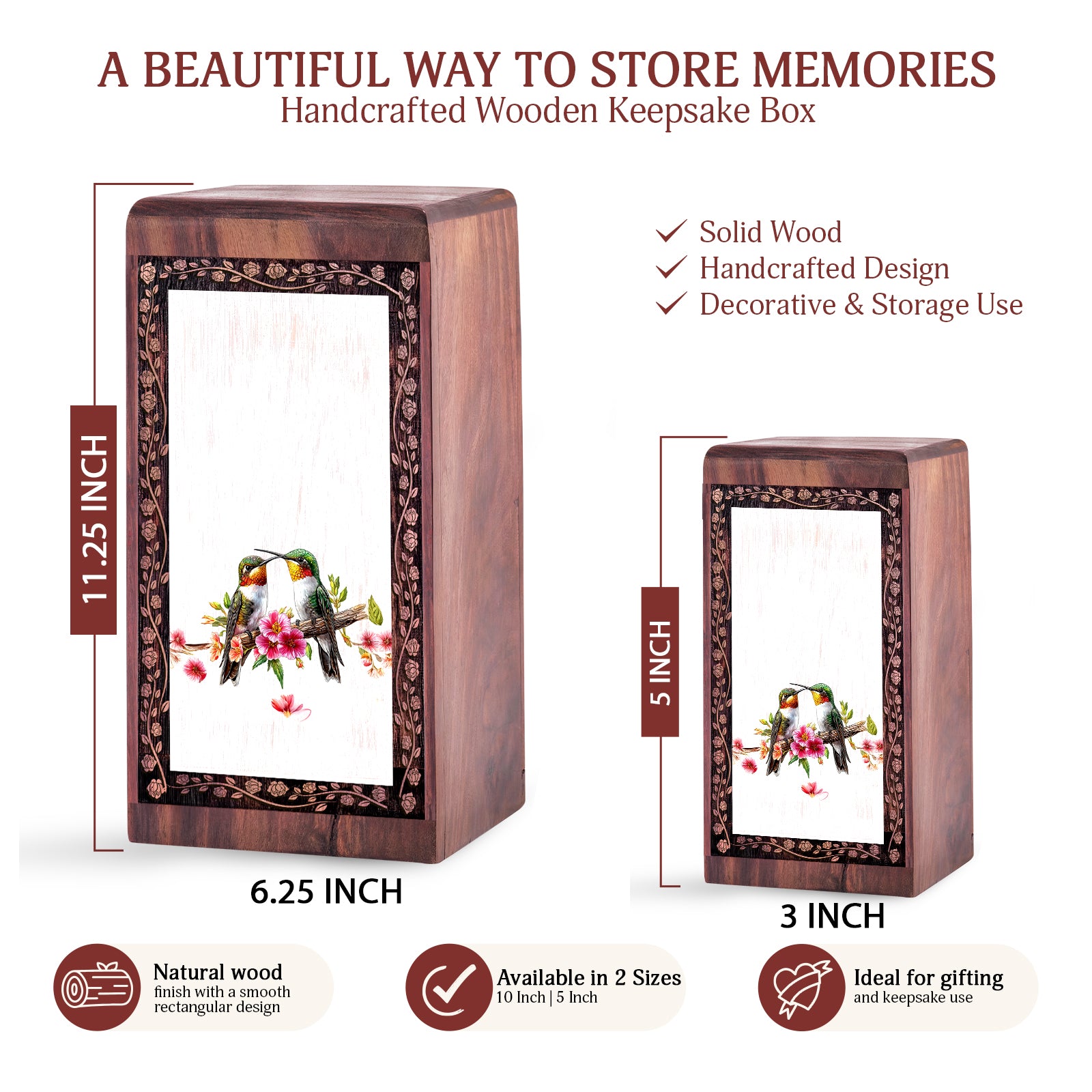 Humming Bird cremation Urn - Wooden Memorial Urn For Adult Male