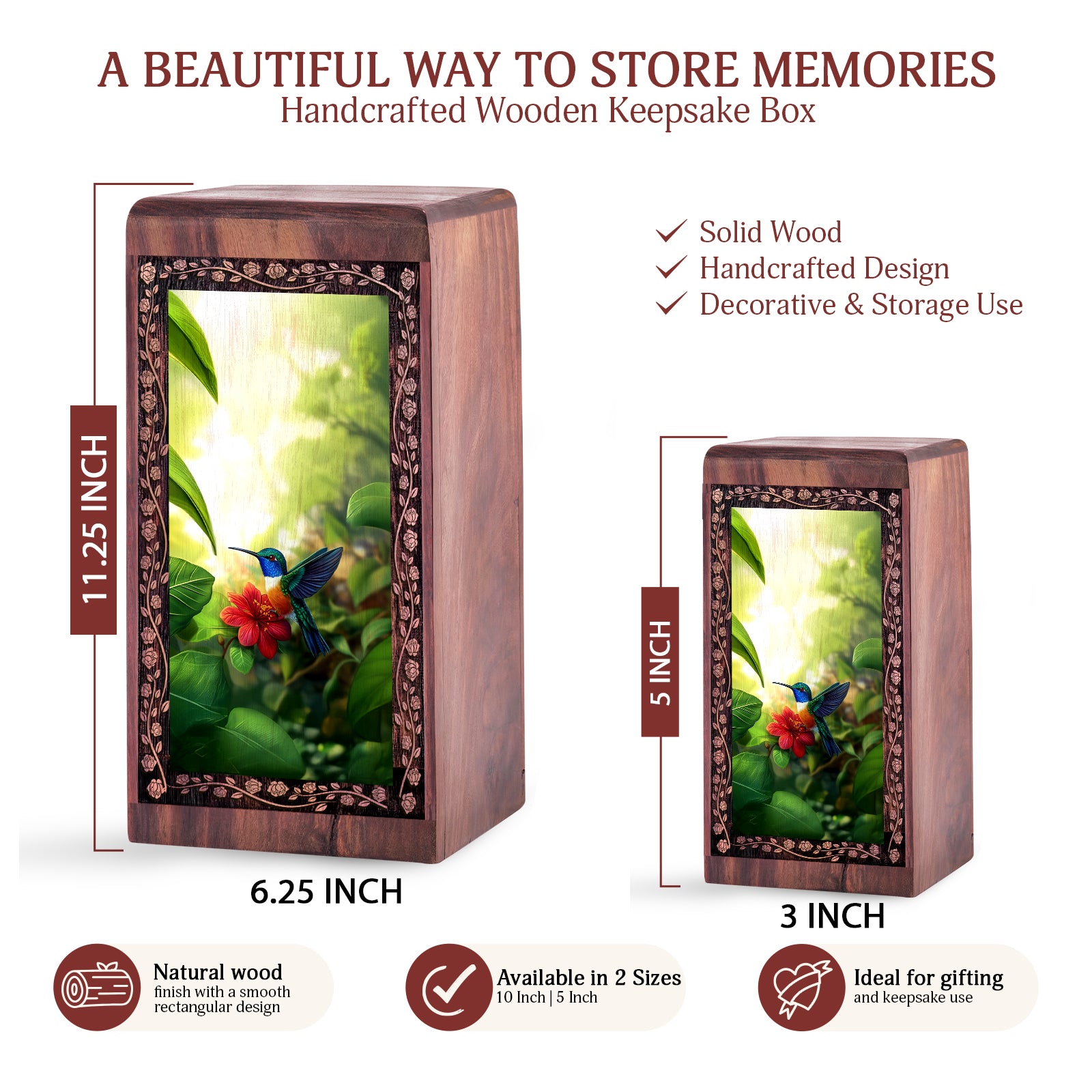Decorative Bird Theme Wooden Box - Nature Theme Memorial For Ashes