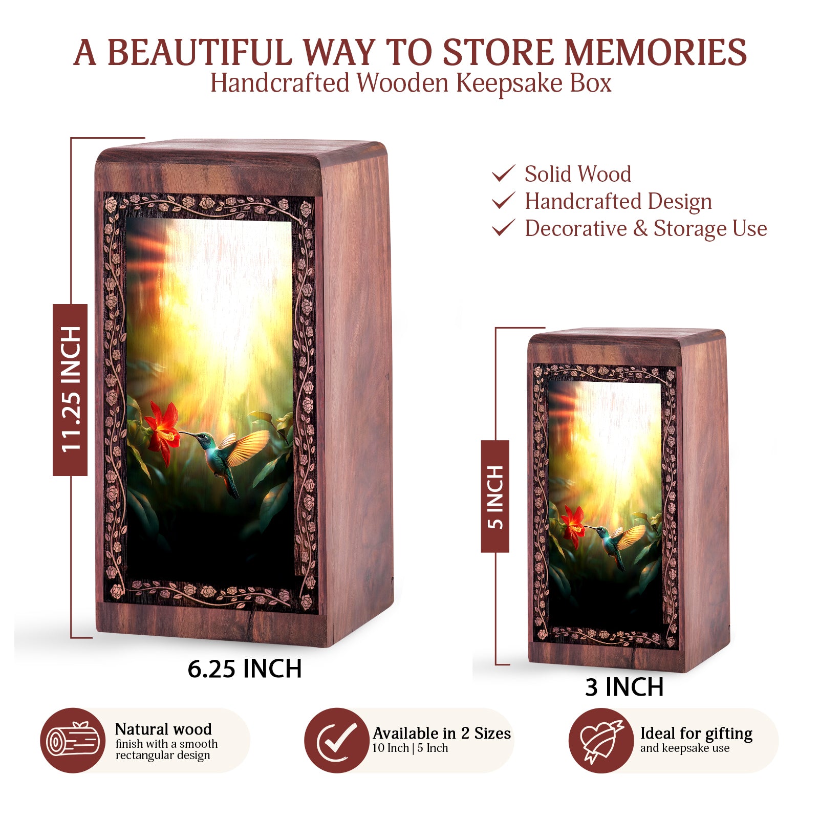 Humming Bird cremation Urn - Wooden Memorial Urn For Adult Male