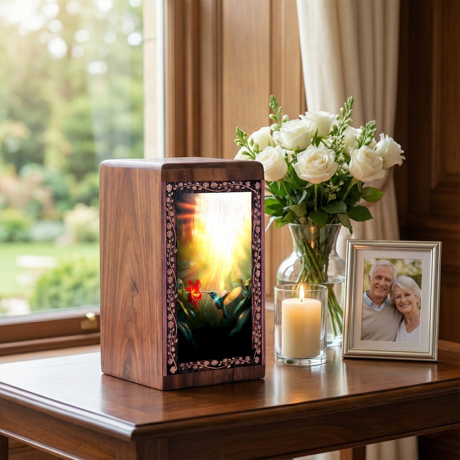 Humming Bird cremation Urn - Wooden Memorial Urn For Adult Male