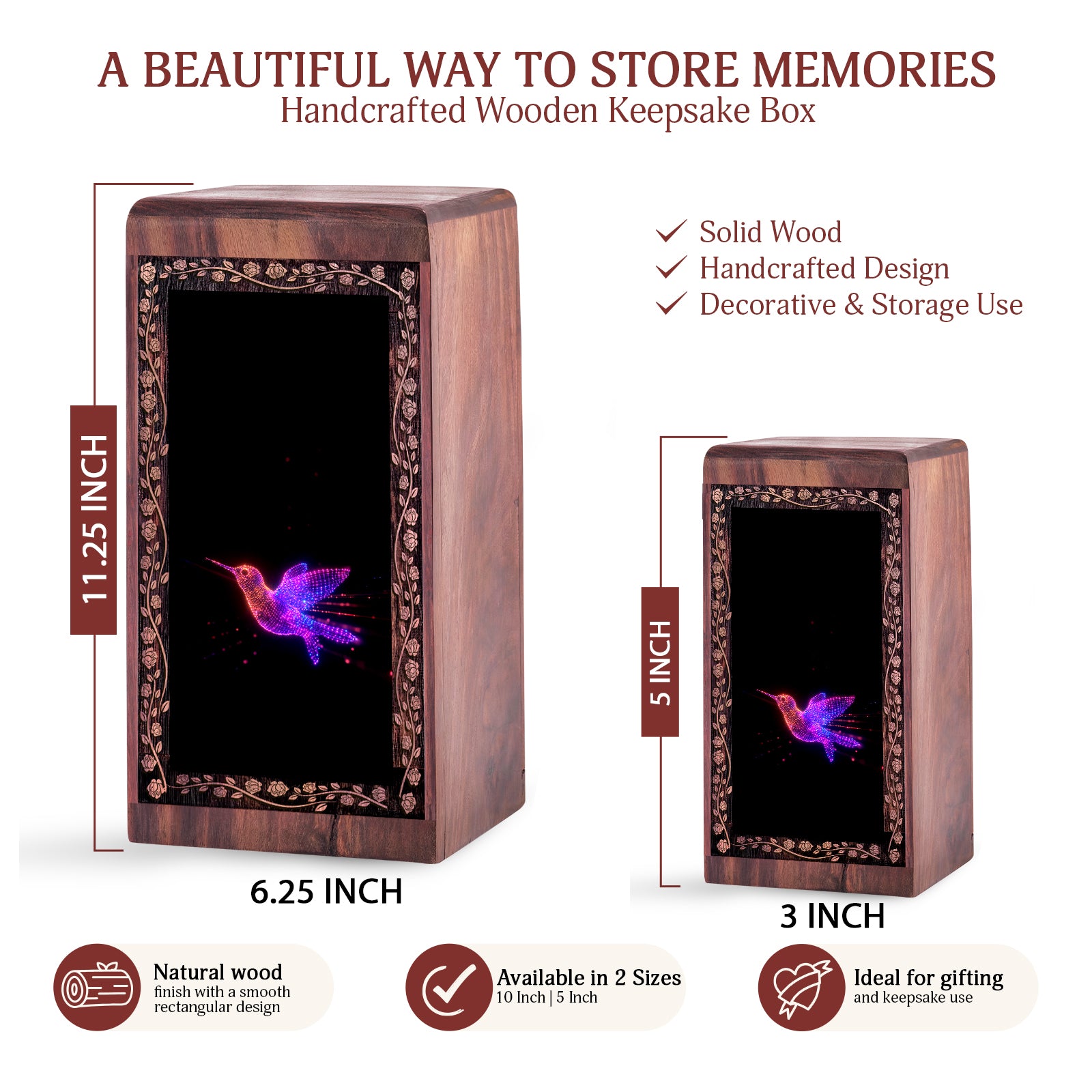 Decorative Bird Wooden Box Urn - Visual Style Theme For Memorial Ashes