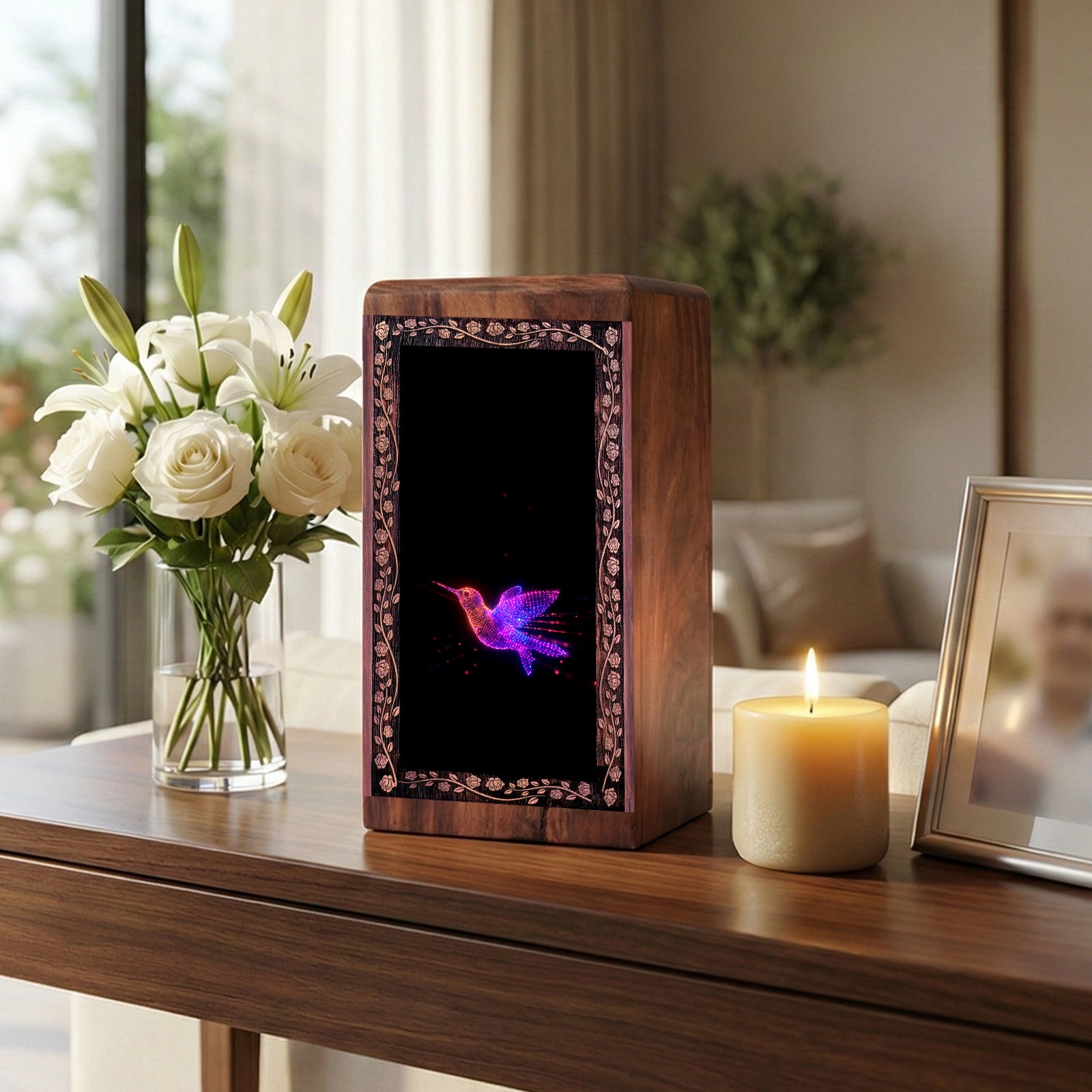 Decorative Bird Wooden Box Urn - Visual Style Theme For Memorial Ashes