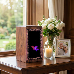 Decorative Bird Wooden Box Urn - Visual Style Theme For Memorial Ashes