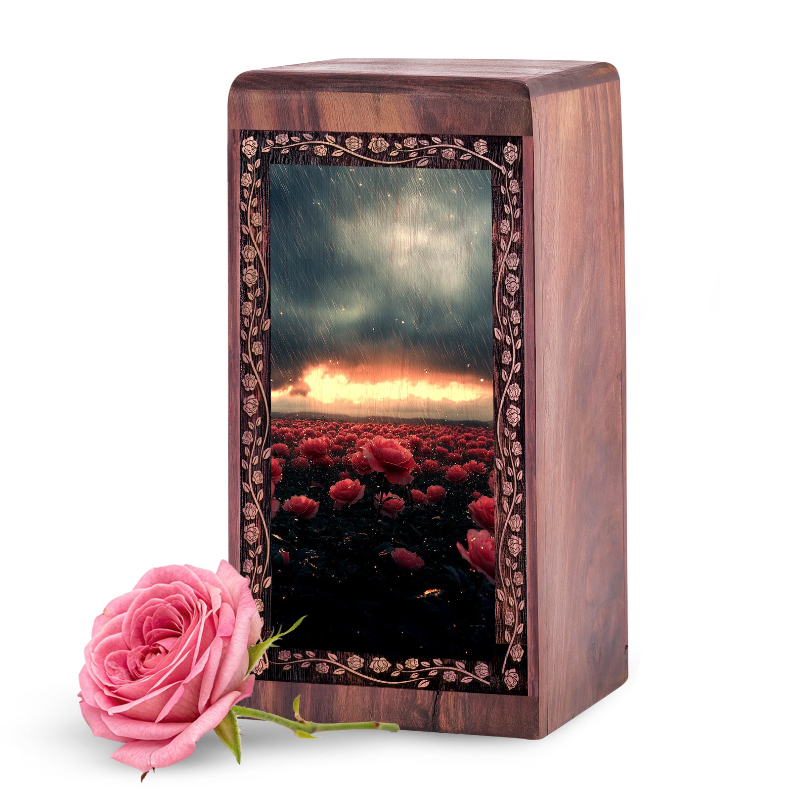 Red Rose Wooden Funeral Box For Ashes - Decorative Flower Theme Urn Box