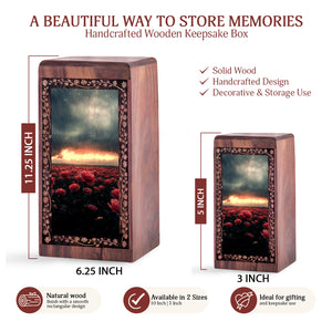 Red Rose Wooden Funeral Box For Ashes - Decorative Flower Theme Urn Box