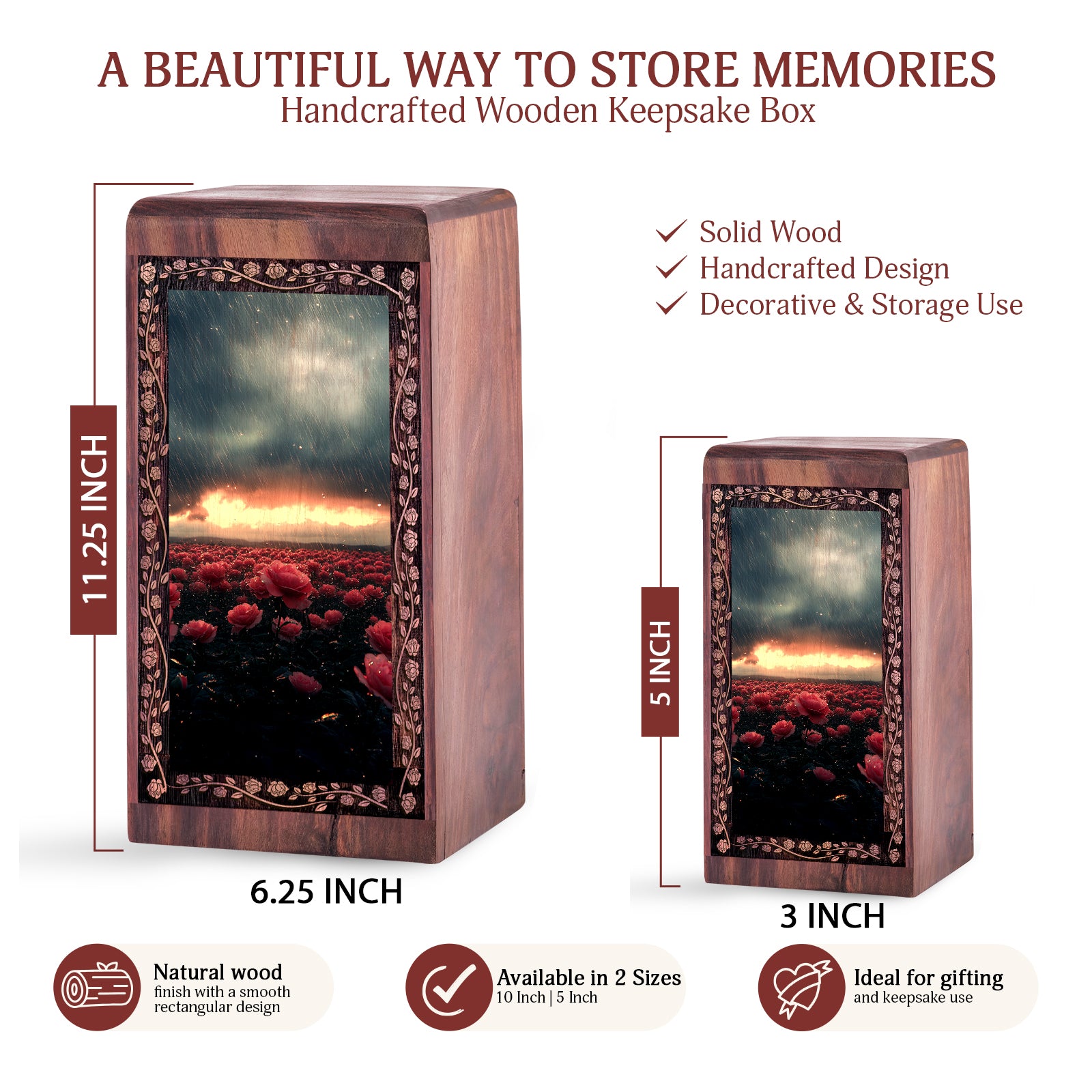 Red Rose Wooden Funeral Box For Ashes - Decorative Flower Theme Urn Box