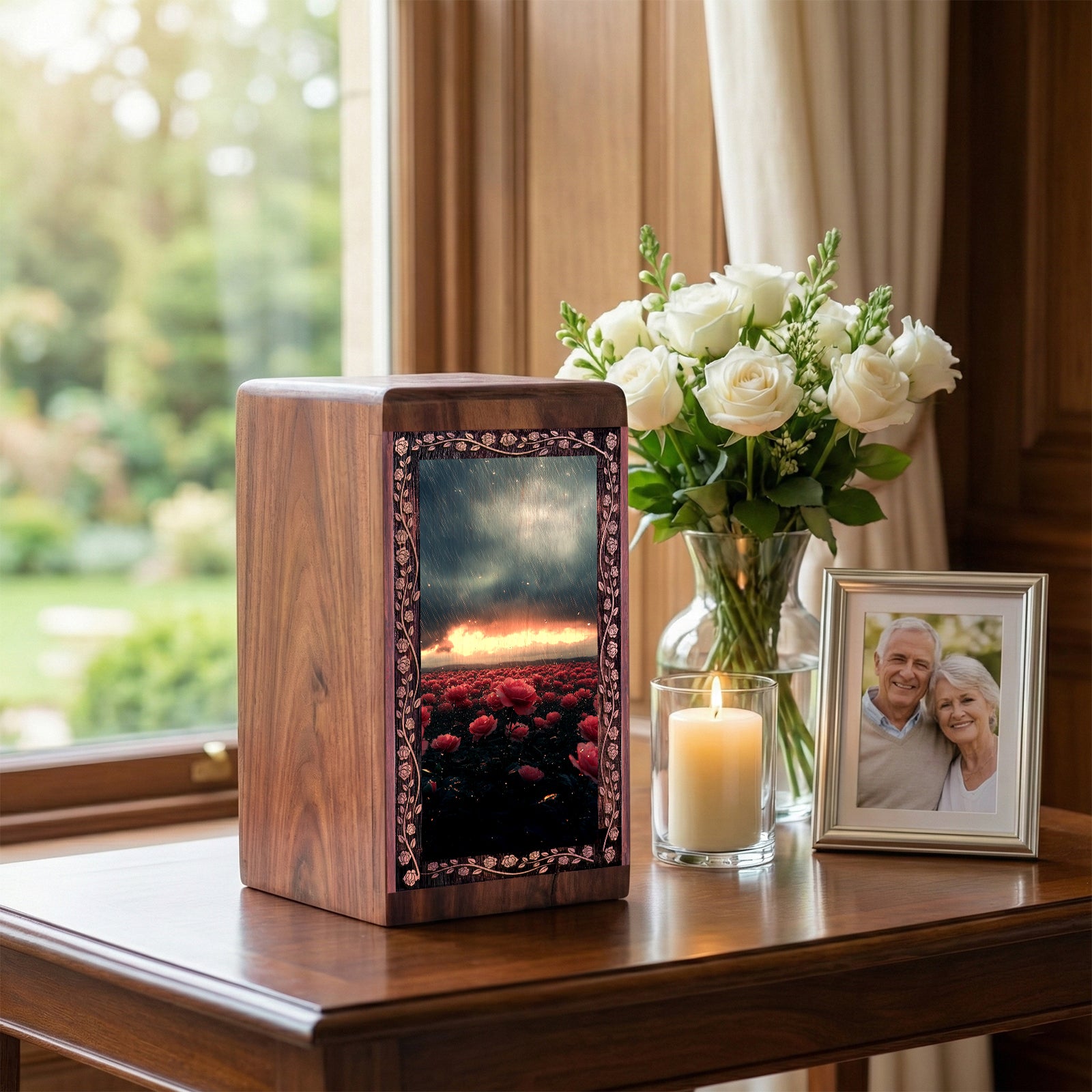Red Rose Wooden Funeral Box For Ashes - Decorative Flower Theme Urn Box