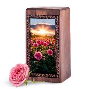Wooden Rose Funeral Box For Ashes - Bright Rose Garden Theme Decorative Urn