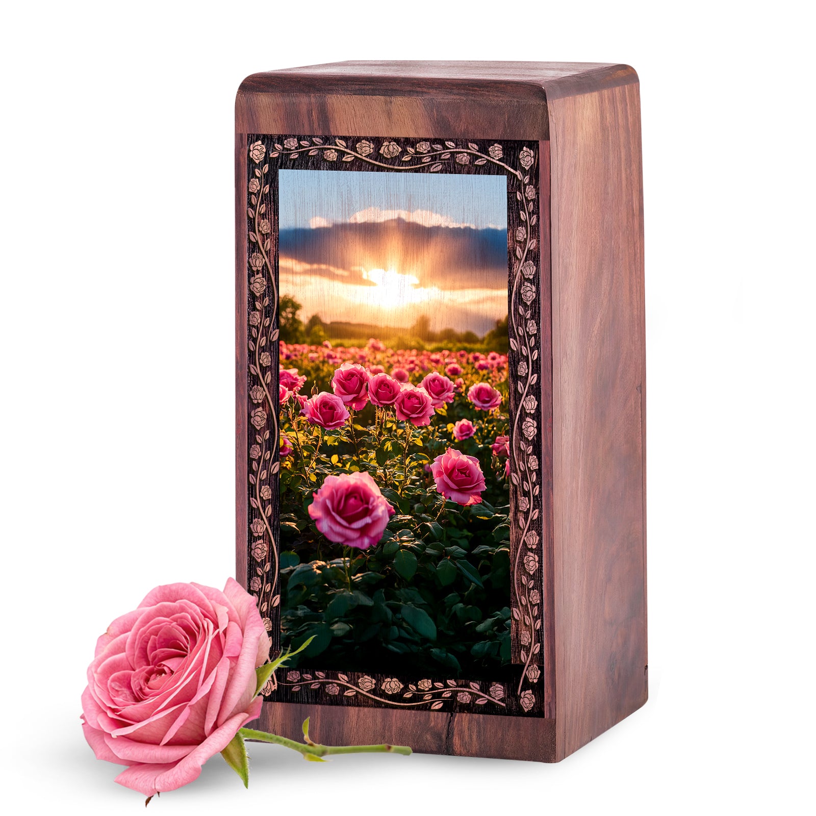 Wooden Rose Funeral Box For Ashes - Bright Rose Garden Theme Decorative Urn