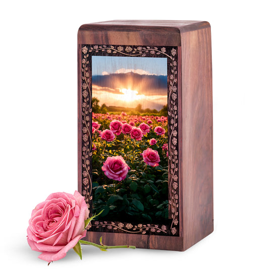 Wooden Rose Funeral Box For Ashes - Bright Rose Garden Theme Decorative Urn