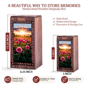Wooden Rose Funeral Box For Ashes - Bright Rose Garden Theme Decorative Urn