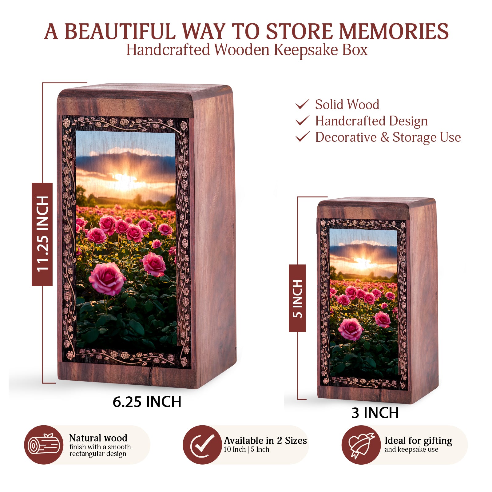 Wooden Rose Funeral Box For Ashes - Bright Rose Garden Theme Decorative Urn