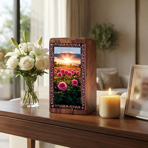 Wooden Rose Funeral Box For Ashes - Bright Rose Garden Theme Decorative Urn