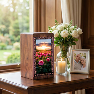 Wooden Rose Funeral Box For Ashes - Bright Rose Garden Theme Decorative Urn