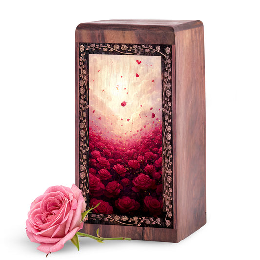 Red Roses Wood Memorial Box - Decorative Wooden Boxes For Funeral