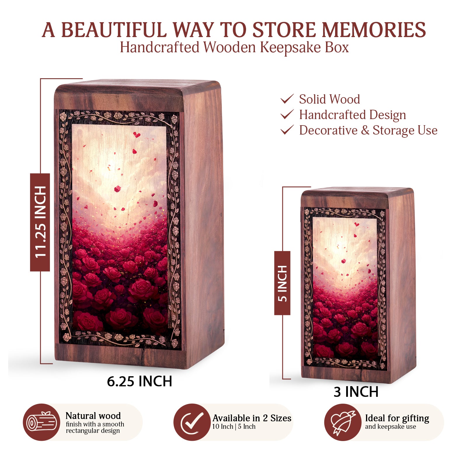 Red Roses Wood Memorial Box - Decorative Wooden Boxes For Funeral