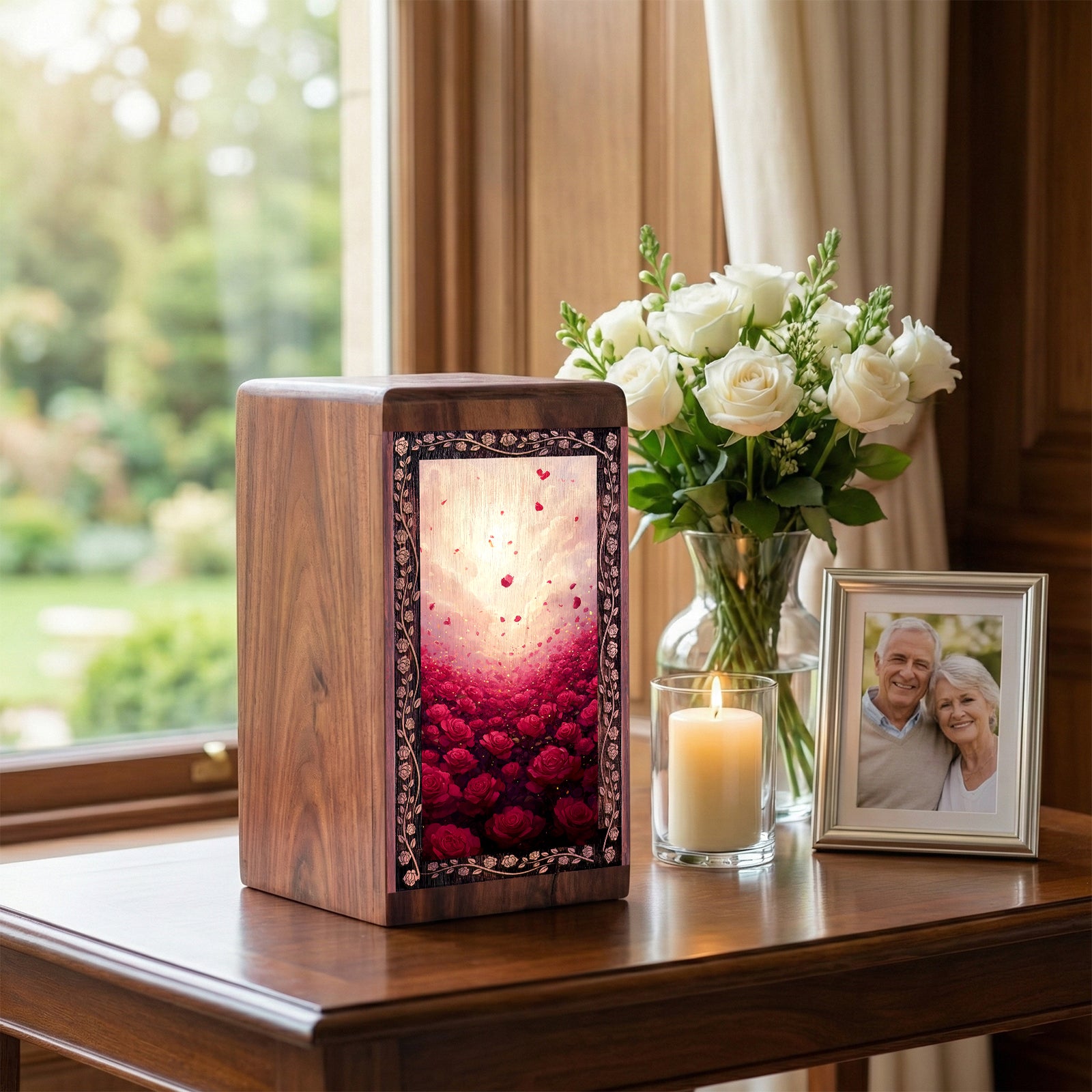 Red Roses Wood Memorial Box - Decorative Wooden Boxes For Funeral