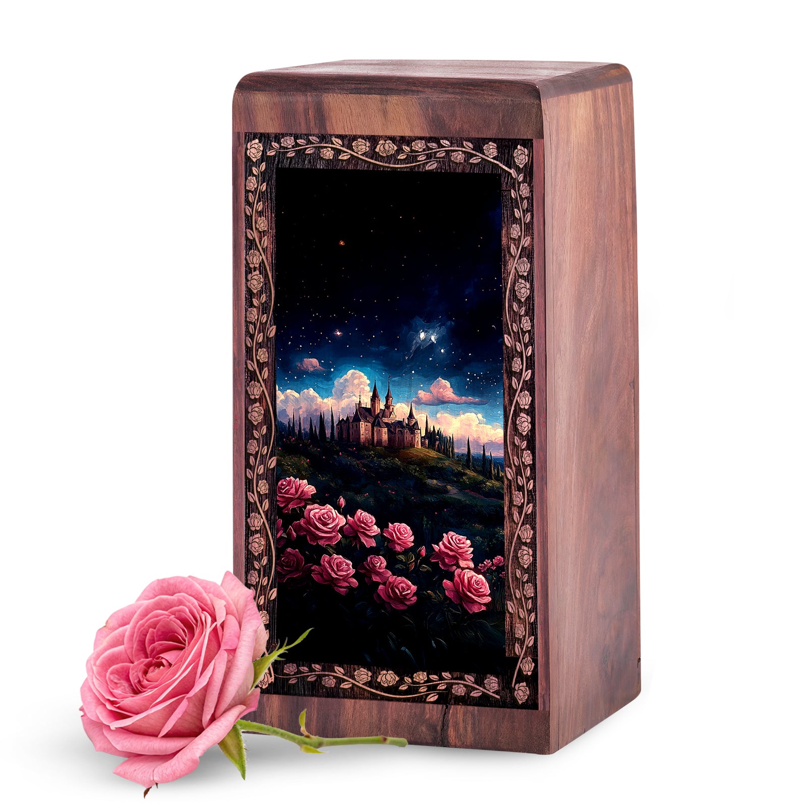 Fantasy Castle & Rose Wooden Box - Decorative Funeral Urns For Memorial Ashes