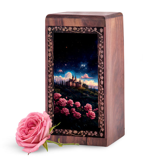 Fantasy Castle & Rose Wooden Box - Decorative Funeral Urns For Memorial Ashes