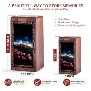 Fantasy Castle & Rose Wooden Box - Decorative Funeral Urns For Memorial Ashes