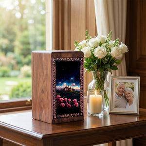 Fantasy Castle & Rose Wooden Box - Decorative Funeral Urns For Memorial Ashes