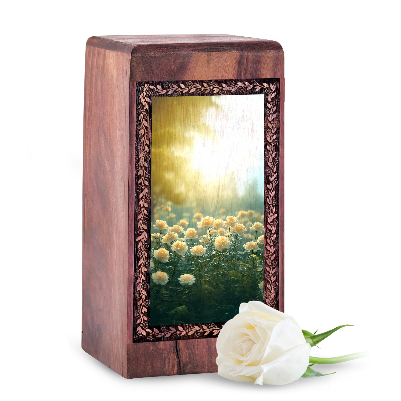 White Rose Decorative Wood Box for Ashes - Handmade Funeral Urns Box