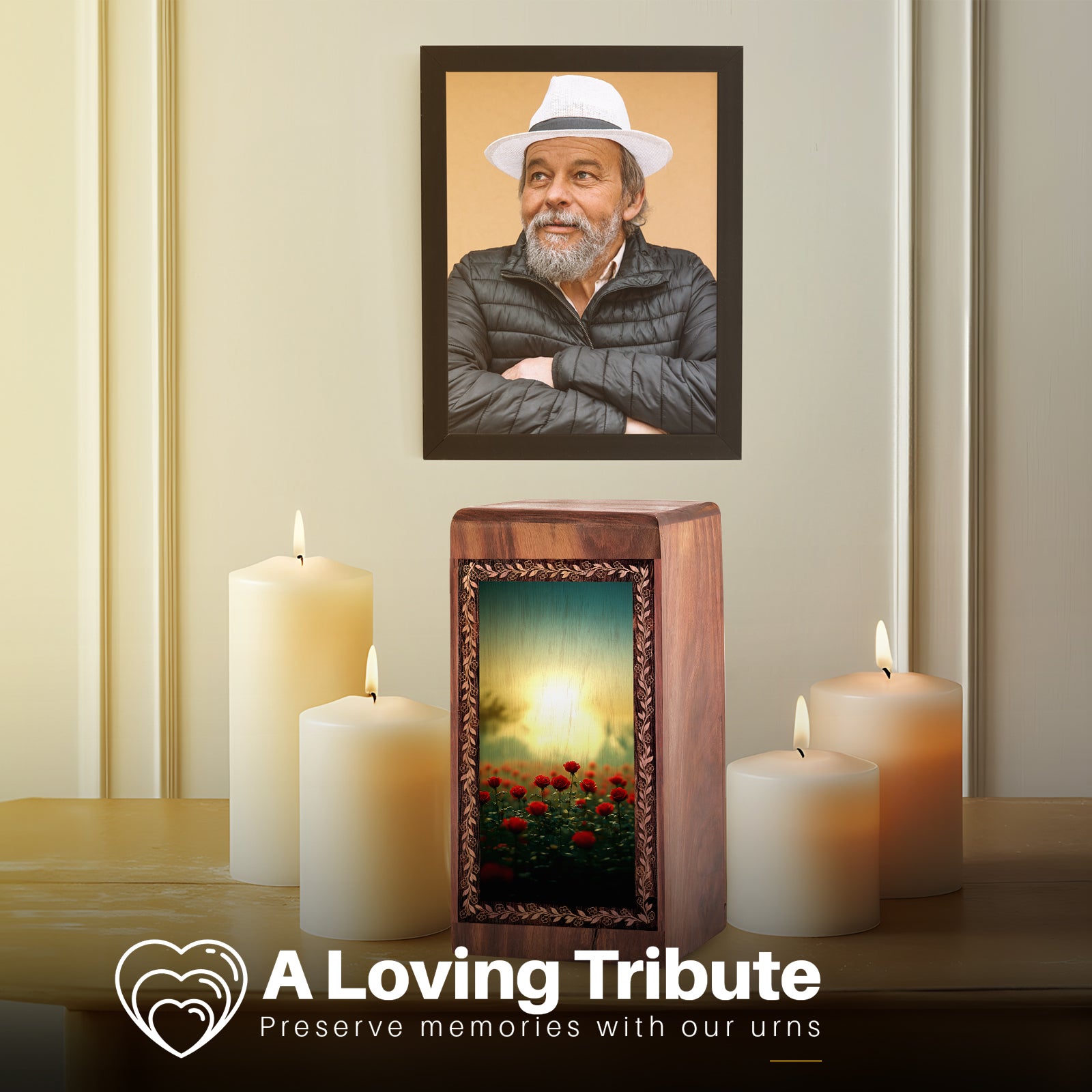 Wooden Rose Cremation Urns - Red Rose Garden Decorative Wood Box