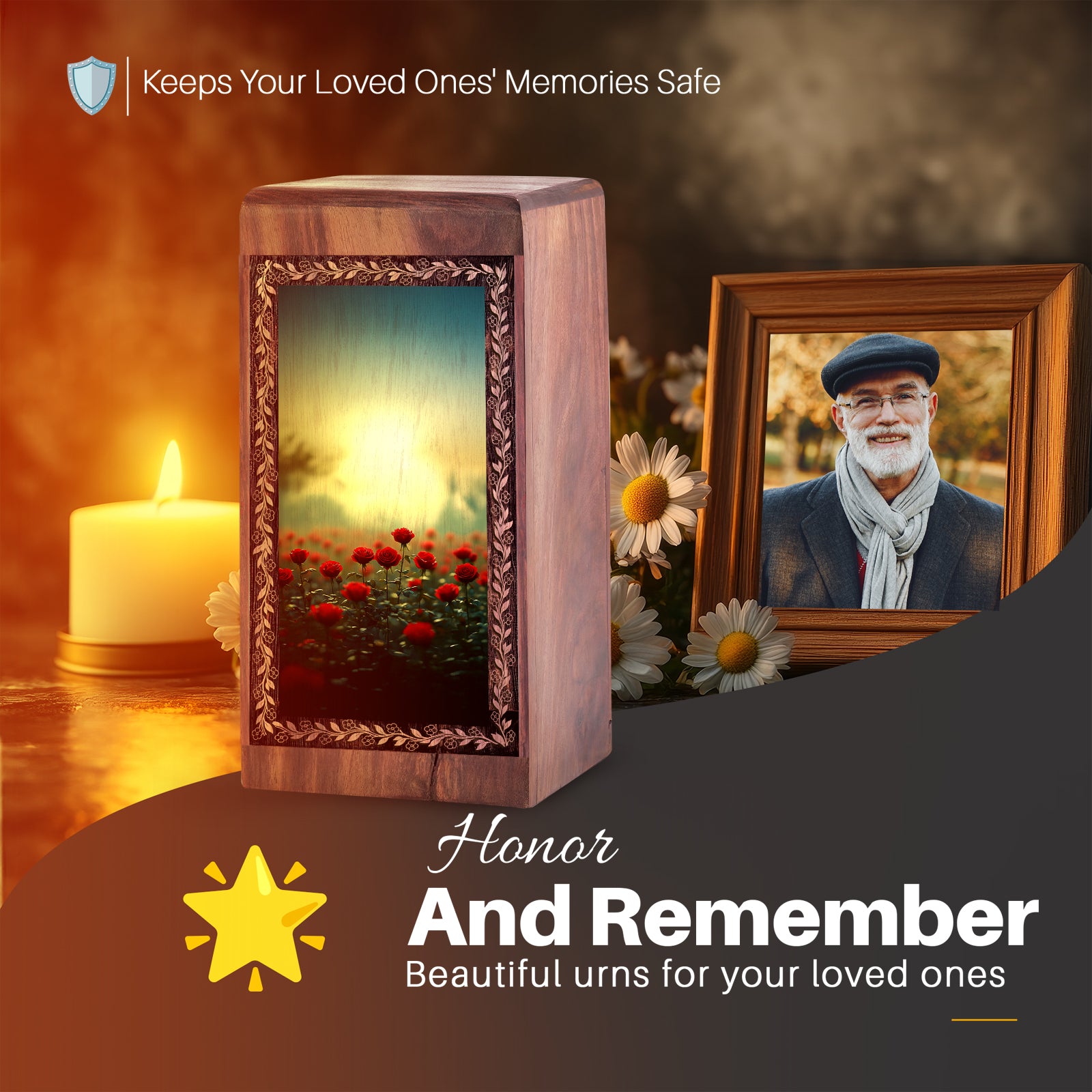 Wooden Rose Cremation Urns - Red Rose Garden Decorative Wood Box