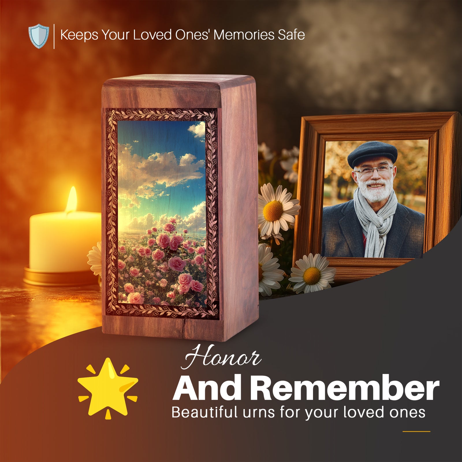 Pink Rose Wooden Cremation Urns For Ashes - Flower Wood Box For Ashes