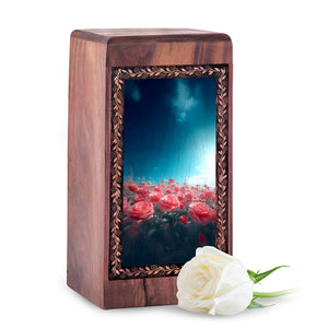 Handcrafted Flower Memorial Wood Box - Decorative Rose Landscape Funeral Boxes