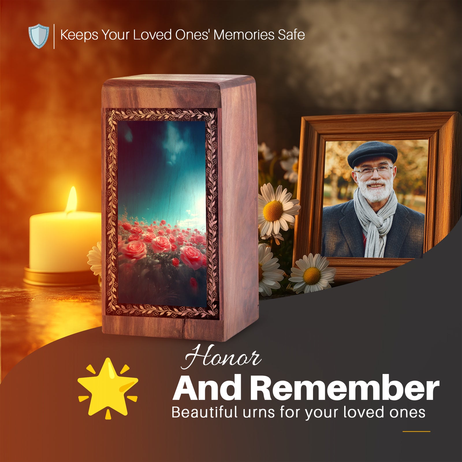 Handcrafted Flower Memorial Wood Box - Decorative Rose Landscape Funeral Boxes