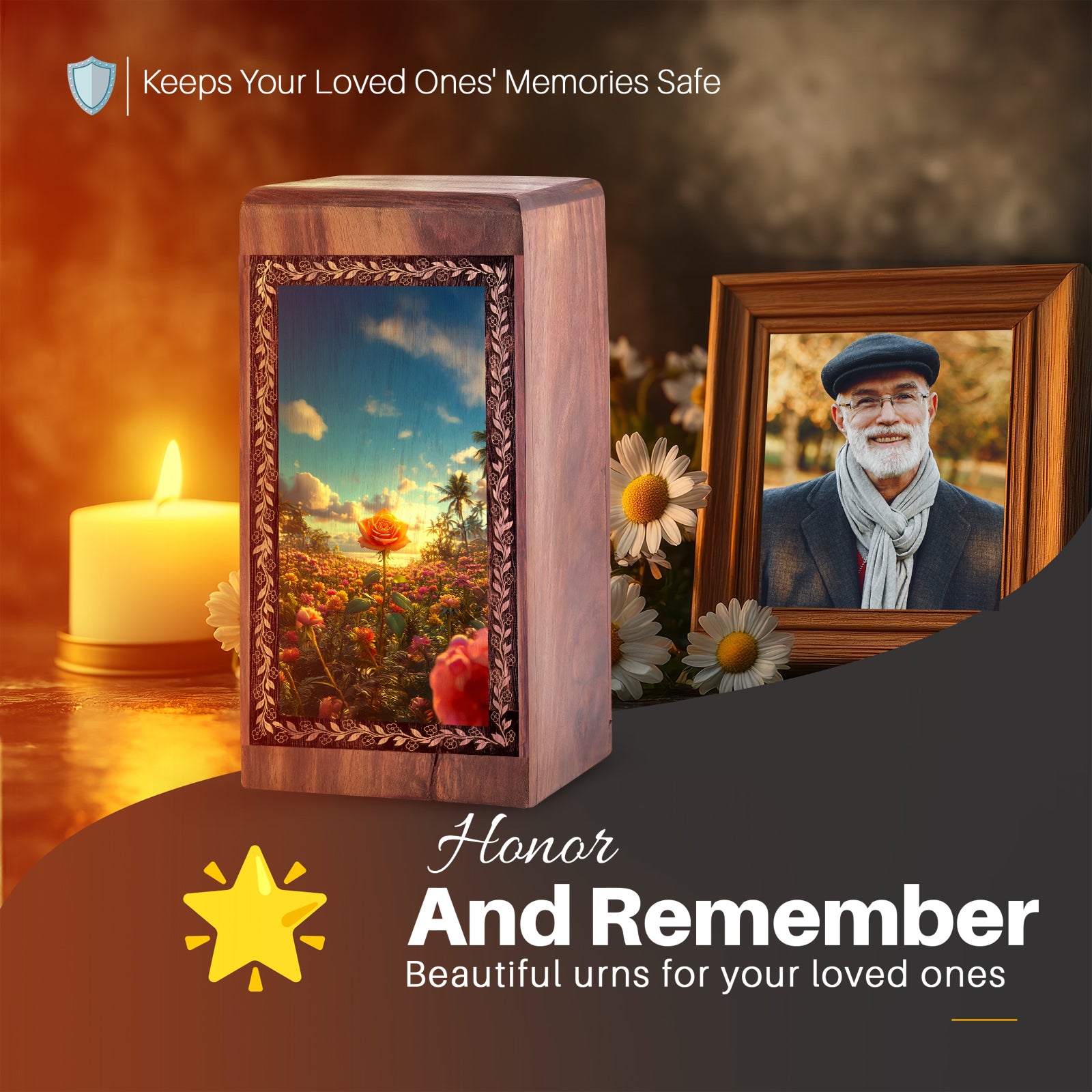 Funeral Urns For Ashes - Handmade Wood Box Floral Garden Memorial