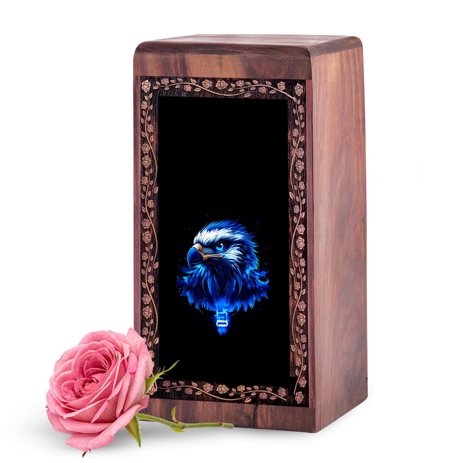 Handmade Wooden Eagle Urn For Human Ashes - Blue Art Cremation Urn Box