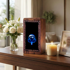 Handmade Wooden Eagle Urn For Human Ashes - Blue Art Cremation Urn Box