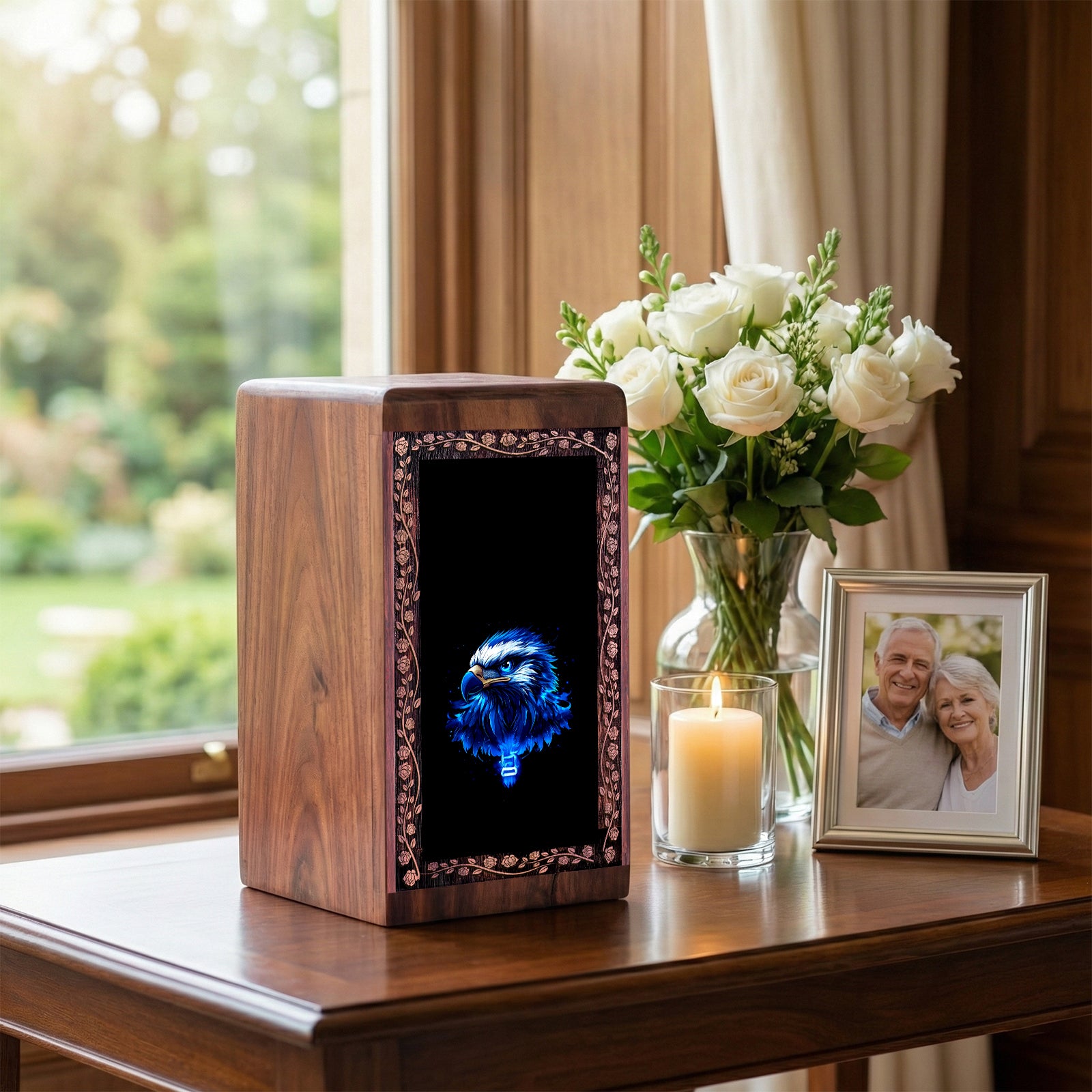 Handmade Wooden Eagle Urn For Human Ashes - Blue Art Cremation Urn Box