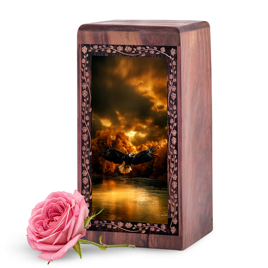 Eagle Sunset Wooden Urn For Human Ashes - Cremation Burial Box For Adult